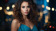 A ravishing brunette in a vibrant frock with lush curls showcases a glamorous visage against a glistening Christmas backdrop.