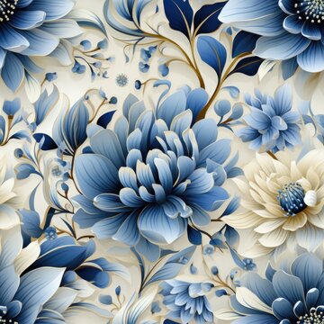 A blue and white floral pattern on a wall. Seamless pattern.