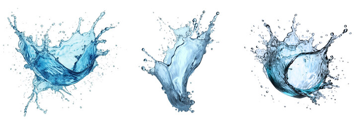 Water splash set isolated on transparent background, blue liquid crown wave swirl drops, shiny clear soda juice splashing fluids droplets, design element fresh drink, beverage, falling, pour bubbles