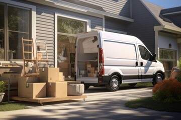 Aufkleber - Home makeover: delivery van with furniture parked, awaiting unloading
