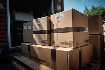 Aufkleber - Relocation in motion: van filled with cardboard boxes ready for a home shift