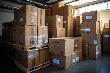 Aufkleber - Packed and placed: Belongings boxed and shelved in a temporary warehouse depot