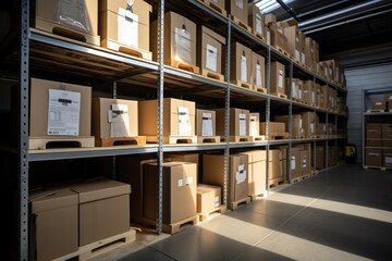 Aufkleber - Relocation racks: Shelves filled with cardboard containers in storage warehouse