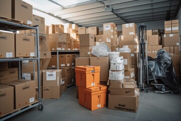 Aufkleber - Move-ready depot: Warehouse shelving holding cardboard boxes with possessions