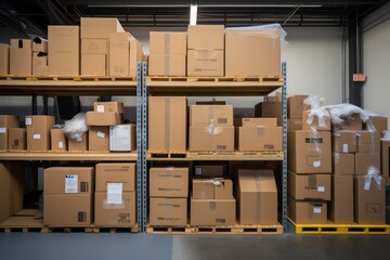 Aufkleber - Stacked storage haven: Shelves brimming with parcels in warehouse during relocation
