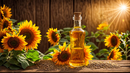 Wall Mural - Bottle with oil, sunflower flower