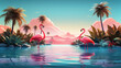 Two flamingos standing in a water against each other. Tropical landscape in background. 3D illustration style