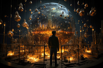 Poster - a scientist pondering the mysteries of parallel universes, surrounded by equations and diagrams. con