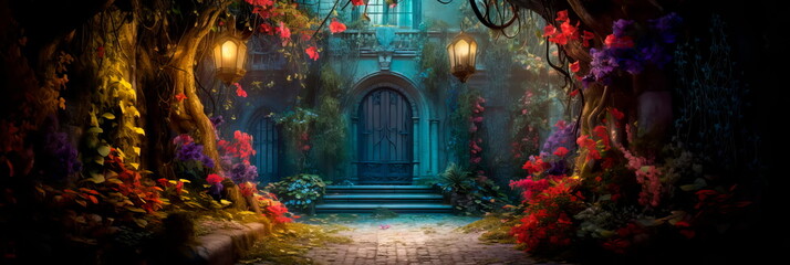 garden hidden behind an ivy-covered wall, with a wrought-iron gate, a variety of exotic flowers, and a magical, mystical ambiance.