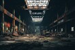 Rundown factory with empty space, rusty surroundings. Industrial interior background. Generative AI