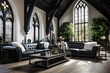 Gothic style interior design living room, leather couches, arched windows, black and white