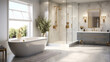 modern bathroom features a large walk-in shower and a two-person vanity and a large soaking tub The walls and floor are tiled in marble and gold fixtures provide a touch of luxury