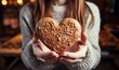 A woman holds a gingerbread heart, immersed in Christmas baking delights