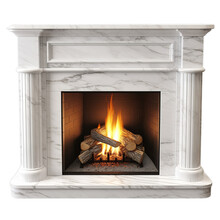 A Cozy White Marble Fireplace With A Warm Fire Crackling Inside