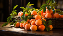 Ripe Apricots On A Table. A Bunch Of Ripe Apricots Sitting On A Table