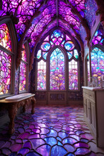 Whimsigothic Style Bathroom With Purple Stained Glass Windows, Ceiling And Floor, Vertical