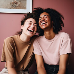 Sticker - Two interracial best friends laughing and having a good time together in a studio