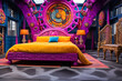 Whimsigothic eclectic style bedroom interior design, purple and yellow
