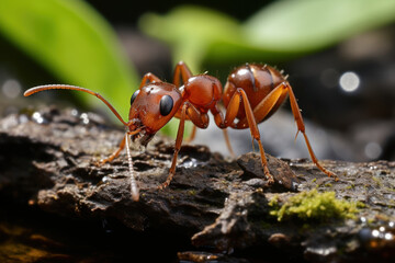 Sticker - An industrious ant carrying a leaf many times its size back to the colony, highlighting teamwork among ants. Generative Ai.