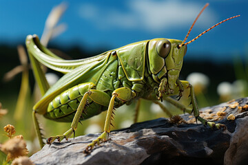 Poster - A grasshopper nymph, a miniature version of its adult form, perched on a blade of grass. Generative Ai.