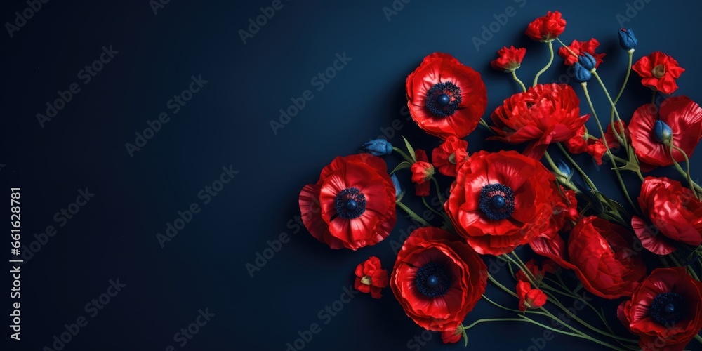 Banner with red poppy flowers on blue background, symbol for ...