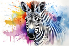 Modern Colorful Watercolor Painting Of A Zebra, Textured White Paper Background, Vibrant Paint Splashes. Created With Generative AI