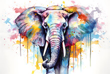 Modern Colorful Watercolor Painting Of An Elephant, Textured White Paper Background, Vibrant Paint Splashes. Created With Generative AI