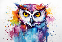 Modern Colorful Watercolor Painting Of An Owl, Textured White Paper Background, Vibrant Paint Splashes. Created With Generative AI