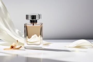 A transparent bottle of expensive women's perfume. Trendy concept of natural materials. Natural cosmetic