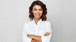 Cheerful business woman student in white button up shirt, smiling confident and cheerful with arms folded, isolated on a white background