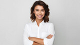 Cheerful business woman student in white button up shirt, smiling confident and cheerful with arms folded, isolated on a white background