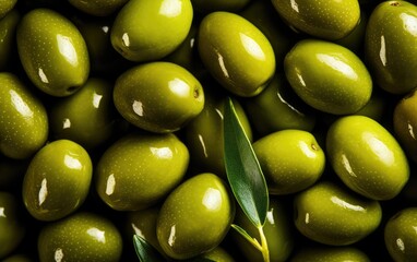 Background of green olives close-up. raw materials for the production of olive oil. Greek olives.