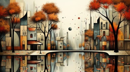 Sticker - A painting of a city with trees and a bridge. AI.