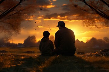 Wall Mural - Father and son in the park at sunset | Generative AI