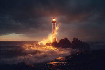 Poster - A stunning image of a lighthouse standing tall on a rocky shore, with powerful waves crashing in front of it. Perfect for depicting the strength and beauty of nature's elements. 