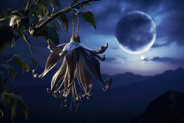 Poster - A beautiful flower hanging from a tree with a full moon in the background. This image can be used to create a serene and mystical atmosphere.