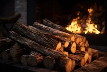 A Pile Of Wood Sitting In Front Of A Fire. This Image Can Be Used To Depict Warmth, Coziness, And The Beauty Of A Crackling Fire.