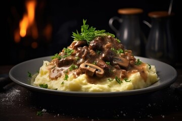 Wall Mural - A plate of mashed potatoes topped with savory mushrooms. This versatile dish is perfect for both casual and formal occasions.