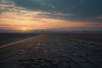 Fototapete - A picture of a paved road in the middle of a desert at sunset. Perfect for travel, adventure, or scenic themed projects.