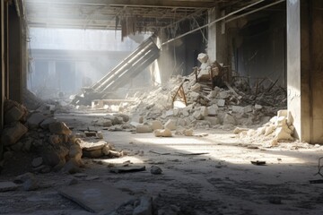 Poster - A photograph showing a large pile of rubble inside a building. This image can be used to depict destruction, renovation, or construction projects.