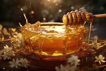 Poster - A jar of honey with a wooden stick protruding from it. 