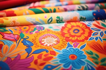 Poster - A close-up view of a vibrant assortment of colorful fabrics. This image showcases the rich textures and patterns of various fabrics. Ideal for fashion design, interior decoration, or crafting projects