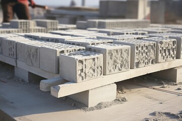 Aufkleber - A pile of cement blocks sitting on top of a cement slab. This versatile image can be used to represent construction, building materials, or a construction site