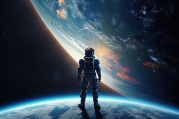 Poster - A man in a space suit standing in front of a planet. 