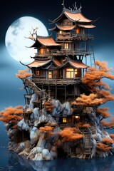 Poster - A house on top of a mountain with a full moon in the background. AI.