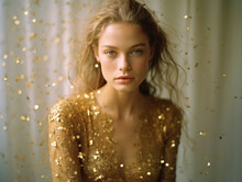 Beautiful fashionable young woman in golden shiny dress with sequins