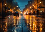 Fototapeta Londyn - Wet Pavements: Rain-Soaked Streets. Ai