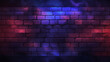 Mur en briques avec reflet de lumières de couleur rouge et bleu. Ambiance festif, club, boîte de nuit. Fond pour conception et création graphique.