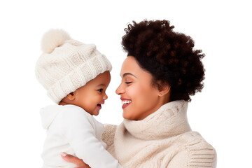 Wall Mural - Afro American mother and her baby boy posing side view portrait on white transparent background