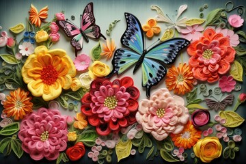 Wall Mural - Fabric stumpwork embroidery of butterfly fluttering among flowers.